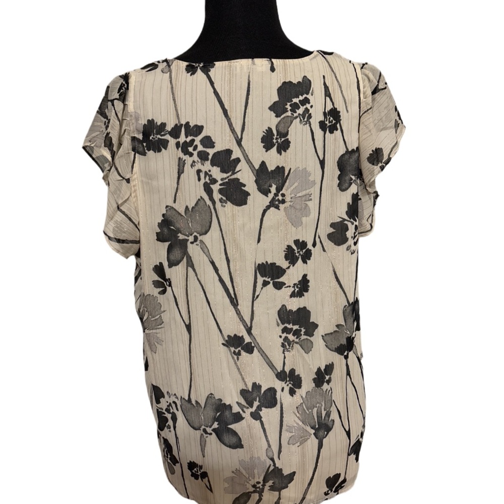 DKNY Women’s Beige & Black Chiffon V Neck Pullover Top with Gold Accents Size L - Picture 2 of 6
